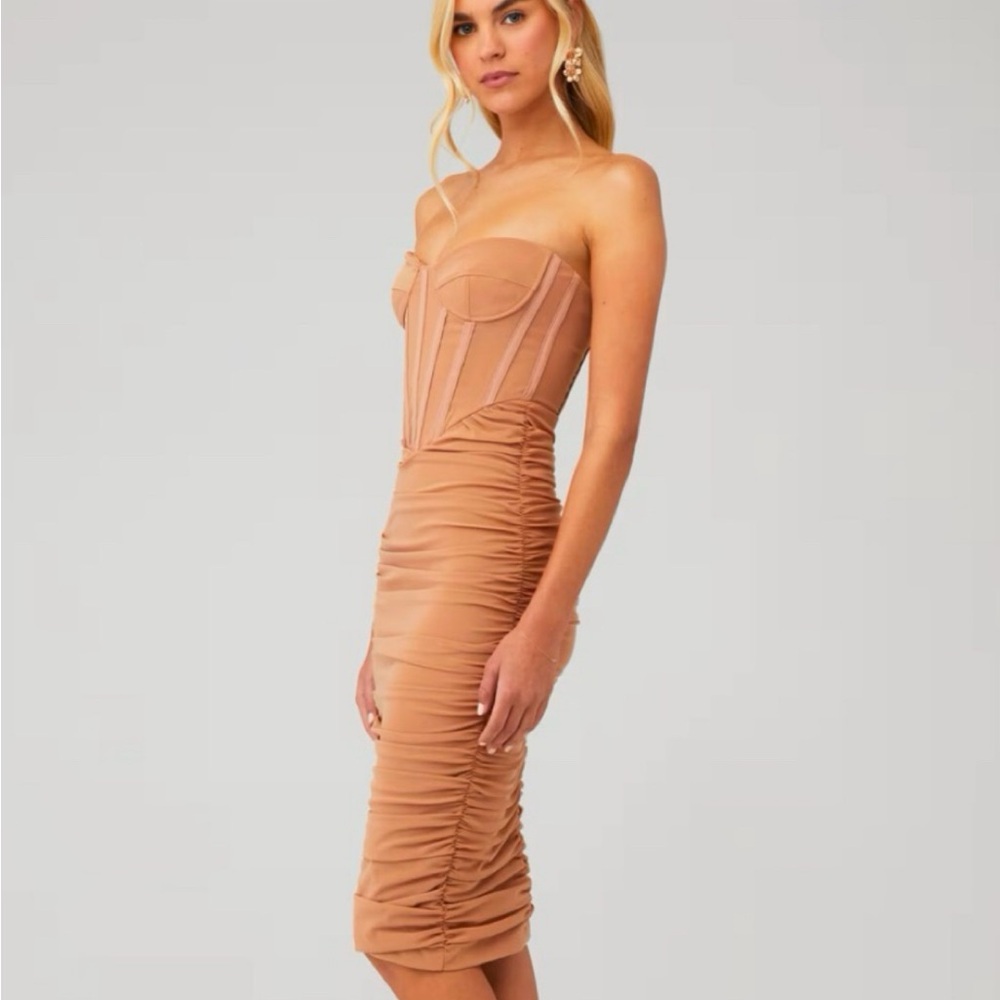 Bardot Tan Bodycon Dress with Sweetheart Neckline